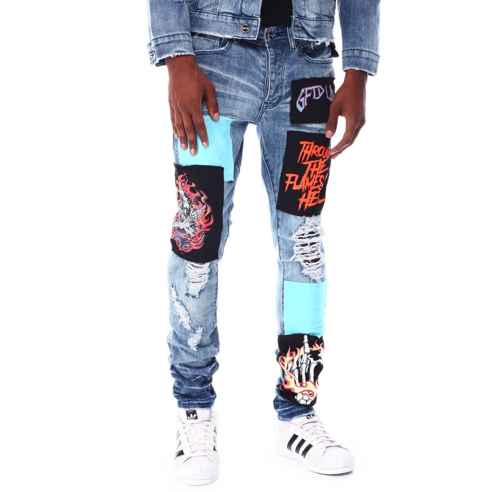 GFTD LA Los Angeles Men's Sage Skinny Fit Panel Patch Skull Distressed Rip Jeans